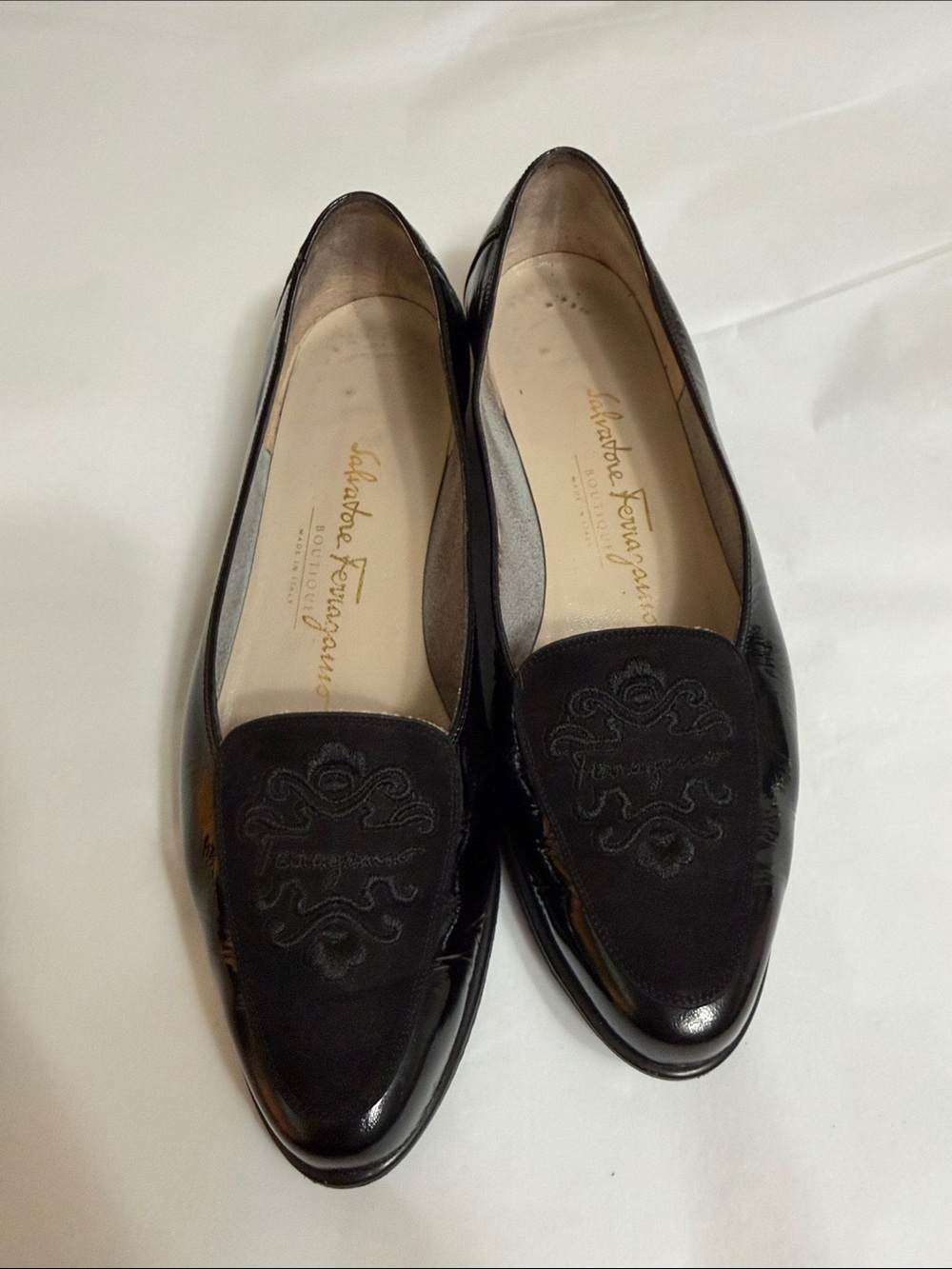 Salvatore Ferragamo Leather & Suede Embroidered Loafers Size 6, Made in Italy